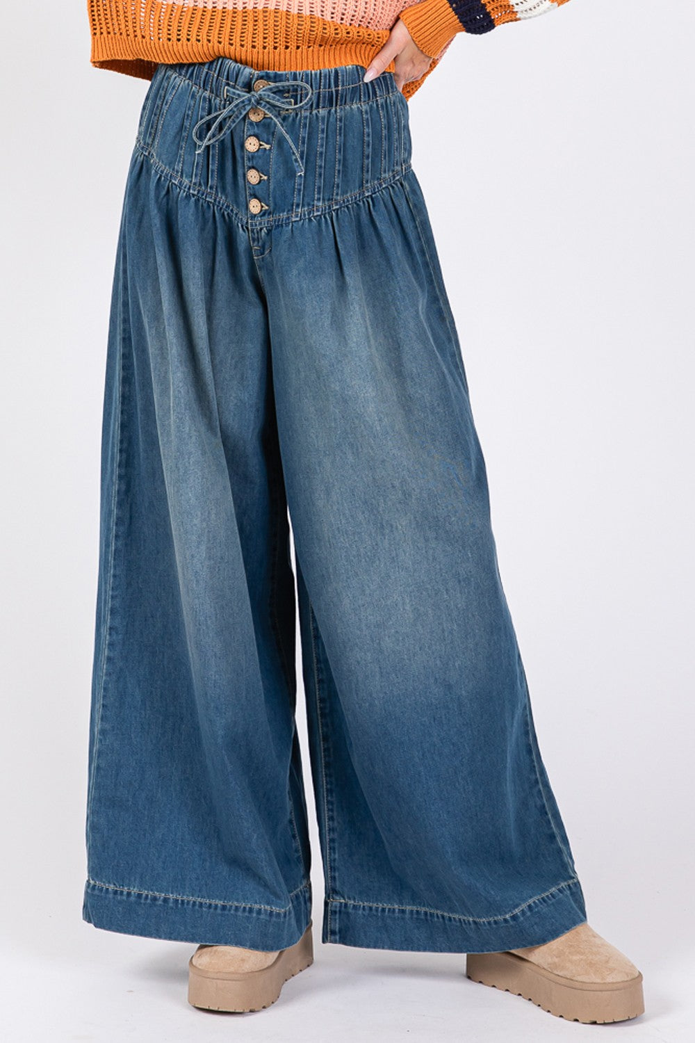 SAGE+FIG Smocked Waist Band Wide Leg Jeans Denim Blue