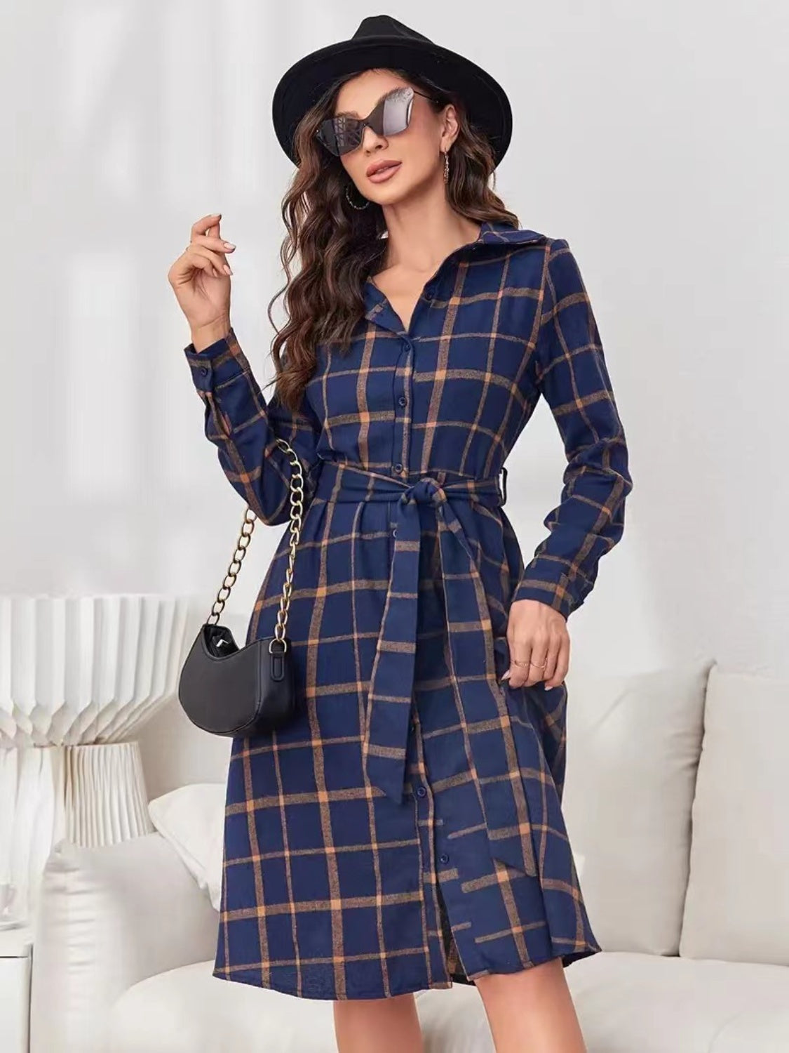 Plaid Tie Waist Long Sleeve Dress Navy