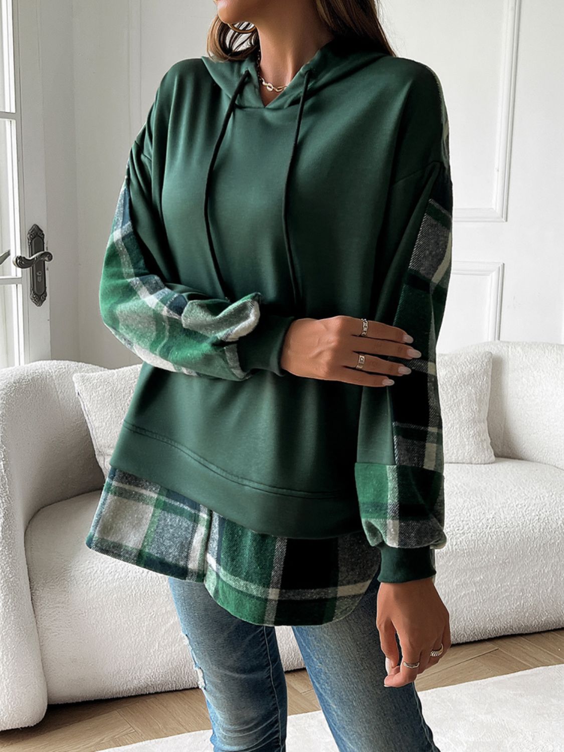 Devine Drawstring Plaid Long Sleeve Hoodie Dark Green