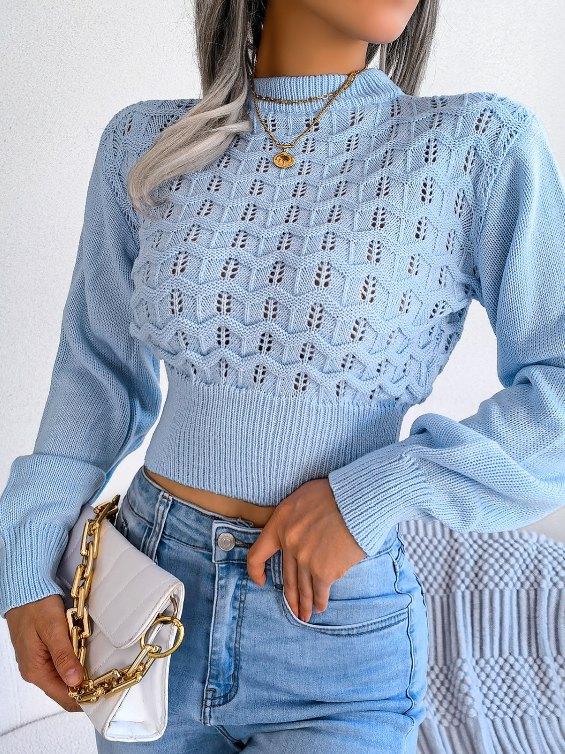 Openwork Mock Neck Long Sleeve Cropped Sweater