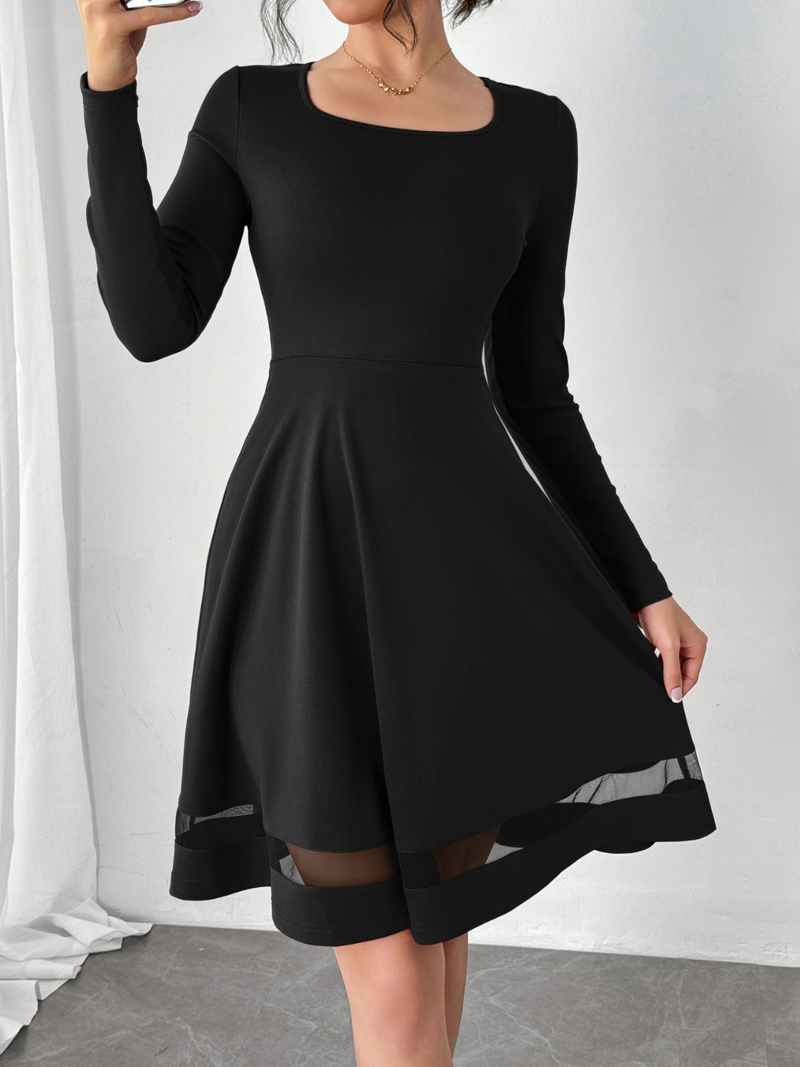 Square Neck Long Sleeve Mini Dress Black