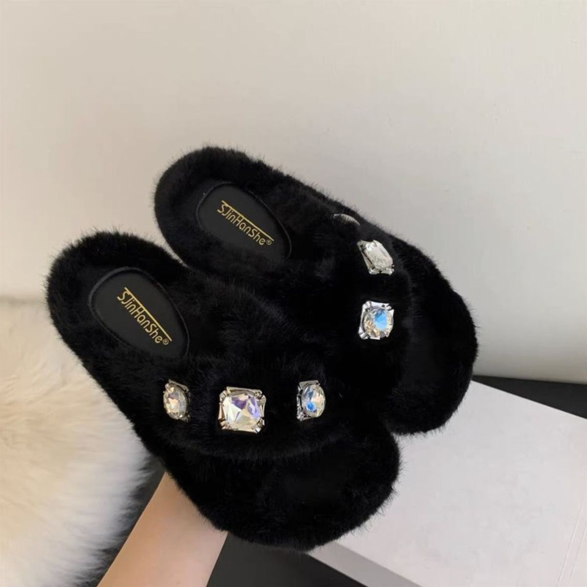 Crisscross Rhinestone Trim Open Toe Slippers Black