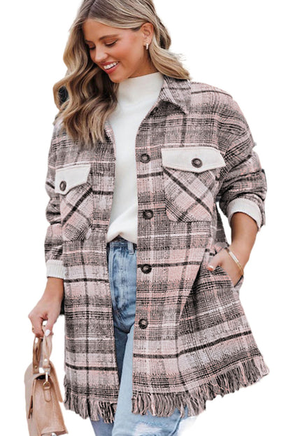 Pink Plus Size Macrame Plaid Coat