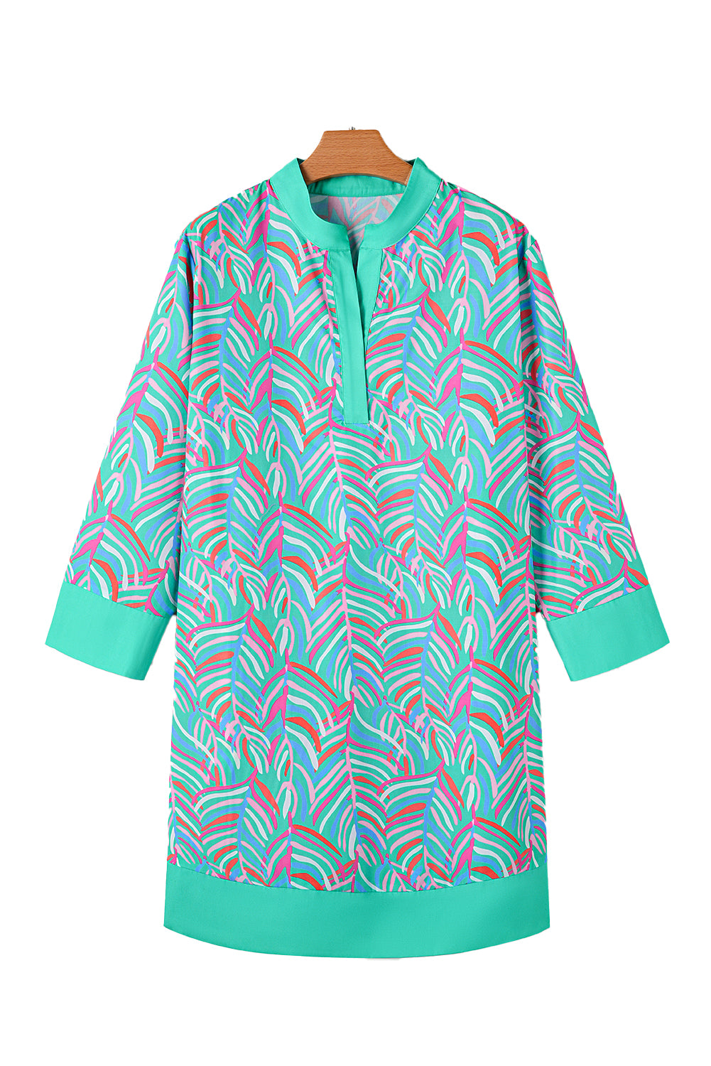 Green Plus Size Palm Pattern Long Sleeve Shift Dress