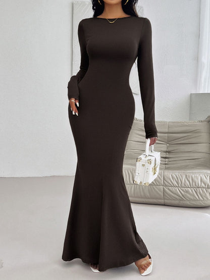 Devine Backless Round Neck Long Sleeve Maxi Dress Chocolate