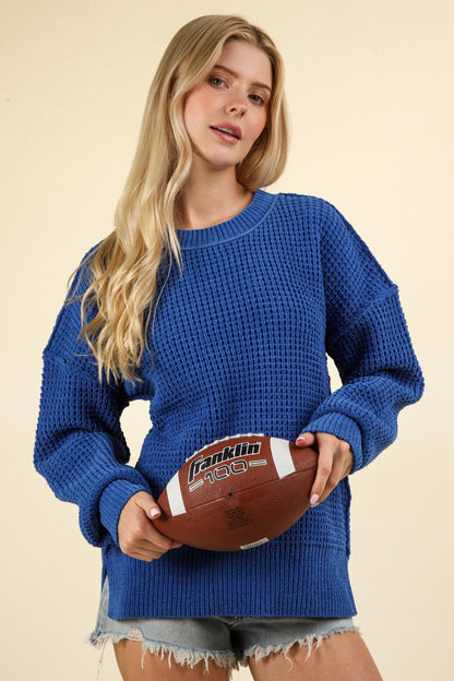 VERY J Waffle-Knit Exposed Seam Round Neck Sweater Royal Blue