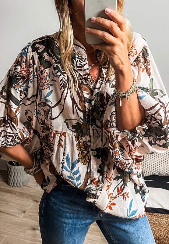 Printed Notched Flounce Sleeve Blouse White