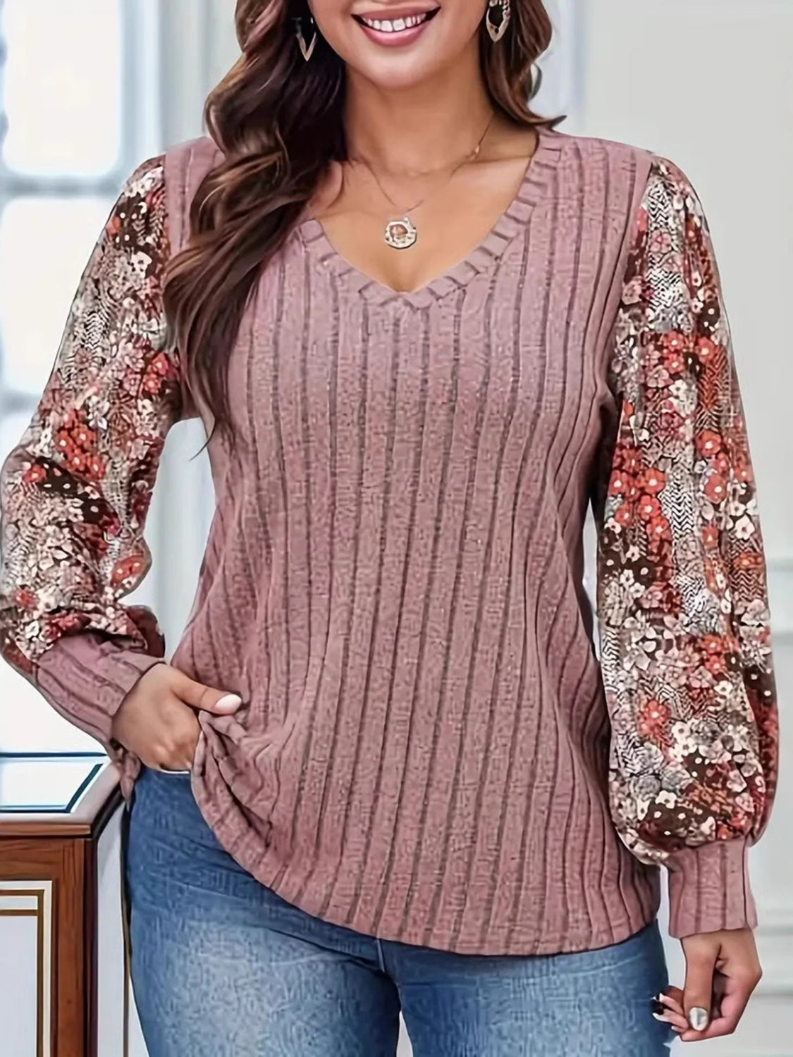 Printed V-Neck Long Sleeve T-Shirt Dusty Pink