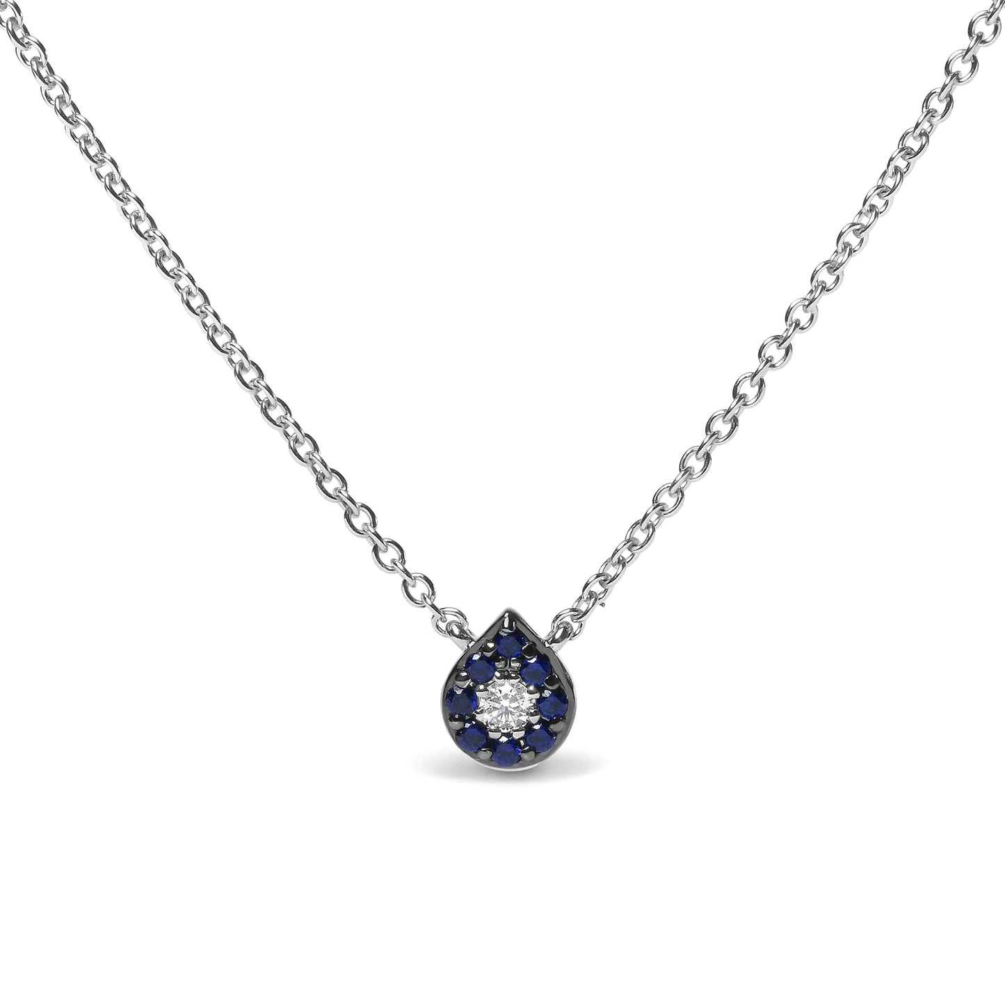 18K White Gold Diamond Accent and 1mm Round Blue Sapphire Gemstone Halo Teardrop Pendant Necklace (G-H Color, SI1-SI2 Clarity) - Adjustable up to 15.5" - 17"