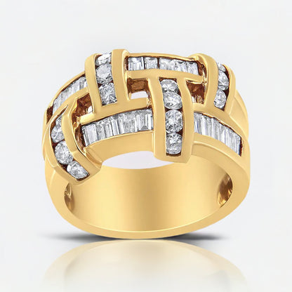 14K Yellow Gold 1 5/8 Cttw Round and Baguette Diamond Lattice Grid Design Ring Band (H-I Color, VS2-SI1 Clarity) - Ring Size 6