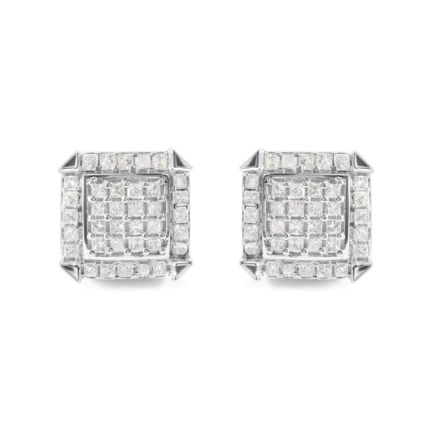 10K White Gold 1 1/10 Cttw Princess Diamond Composite and Halo Stud Earrings (I-J Color, I1-I2 Clarity)