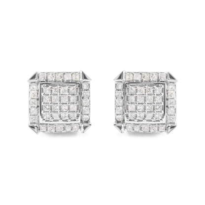 10K White Gold 1 1/10 Cttw Princess Diamond Composite and Halo Stud Earrings (I-J Color, I1-I2 Clarity)