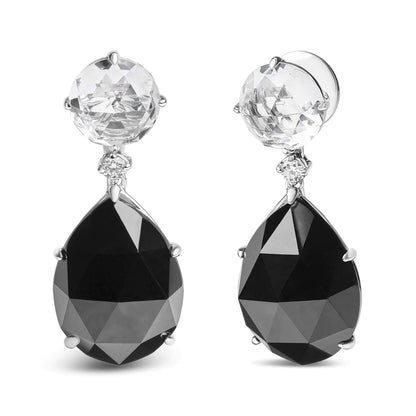 18K White Gold 1/5 Cttw Diamond with Round White Topaz and 20x15mm Pear Cut Black Onyx Gemstone Dangle Earring (G-H Color, SI1-SI2 Clarity)