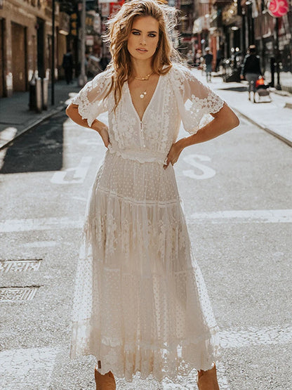 Hollow Out White Dress Sexy Women Lace Long Dress