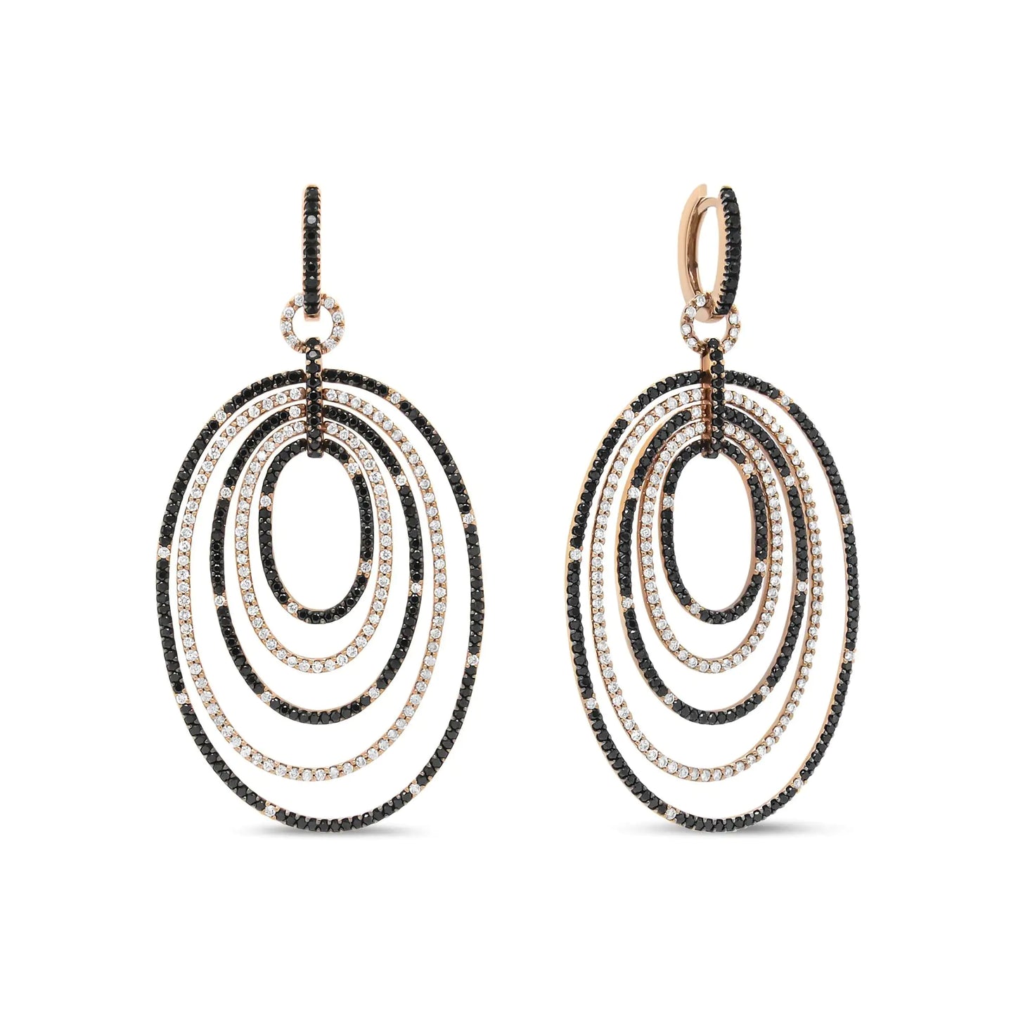 18K Rose Gold 5.00 Cttw Round Black and White Diamond Graduated Hoop Dangle Earrings (Black and F-G Color, VS1-VS2 Clarity)