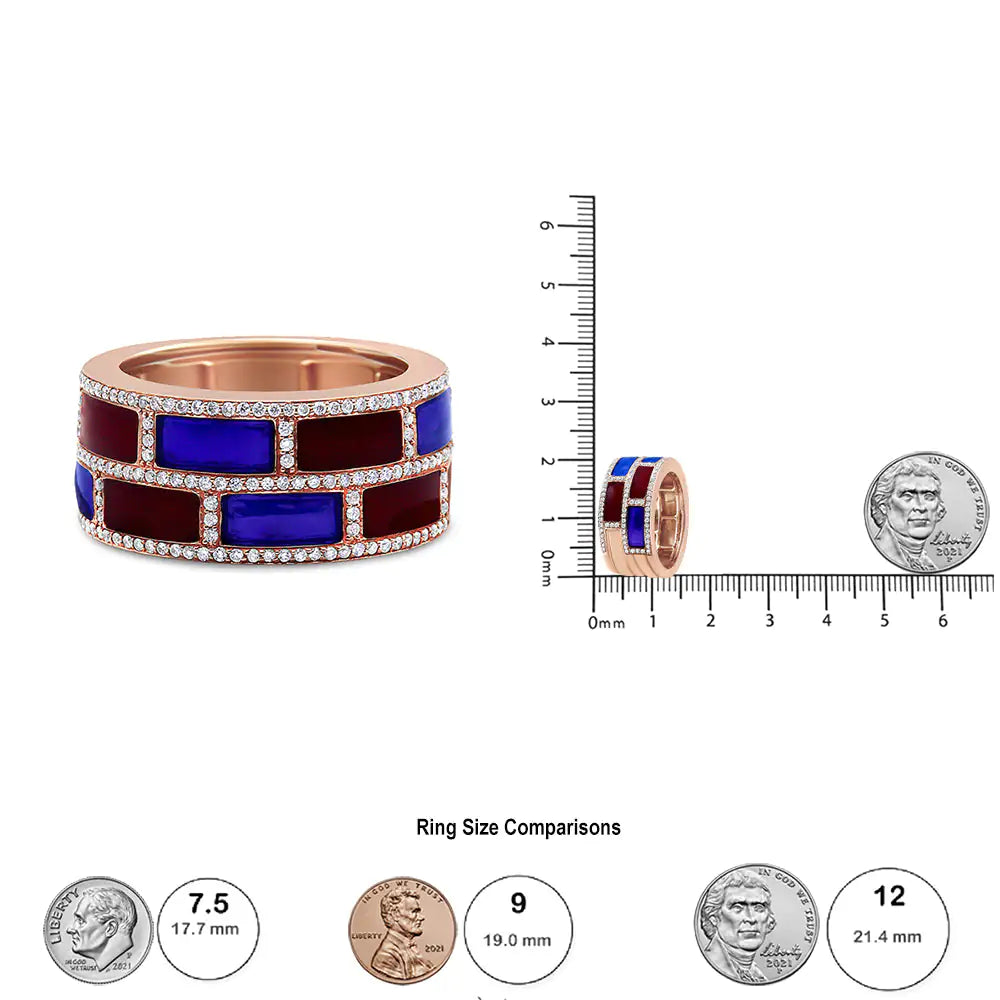 18K Rose Gold Alternating Red and Blue Enamel and 1/2 Cttw Diamond Studded Band Ring (F-G Color, VS1-VS2 Clarity)