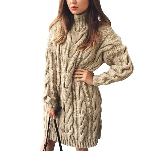 Turtleneck Twist Knitted Sweater Dress Khaki2 S