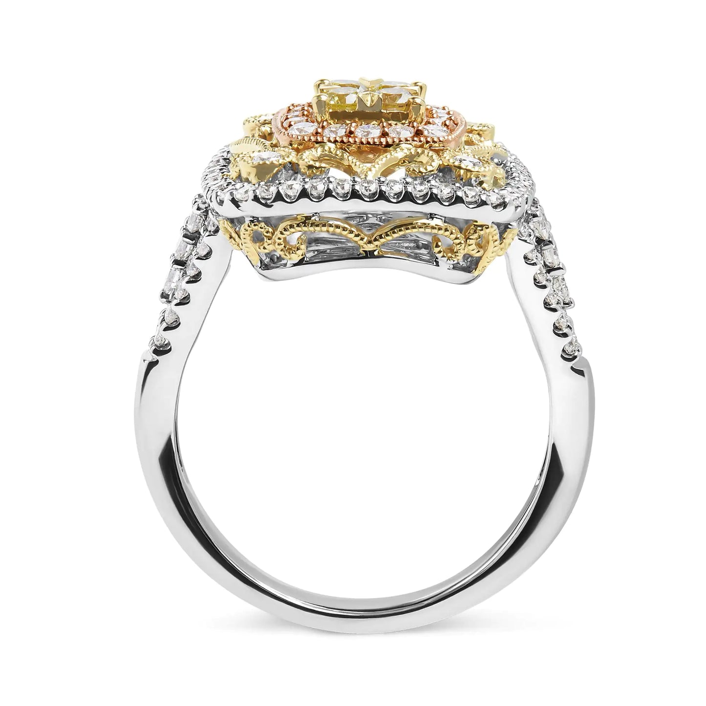 14K Tri-Toned Gold 1.00 Cttw Yellow Diamond Halo and Milgrain Cocktail Cluster Ring (Yellow/G-H Color, SI1-SI2 Clarity) - Ring Size 7