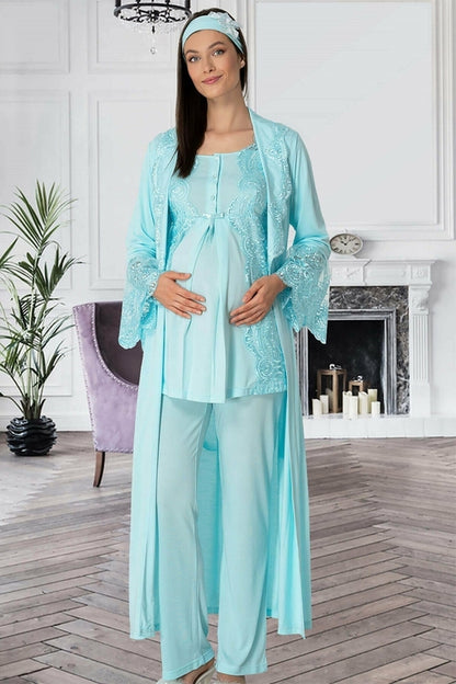 Shopymommy 5353 Sandra 3-Pieces Maternity & Nursing Pajamas With Turquoise