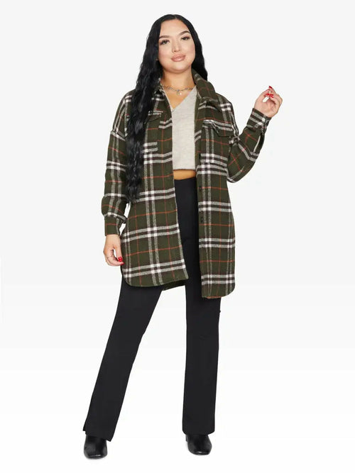 Oversized Nova Check Wool Blend Shacket One Size (Fits UK 8-14) Olive