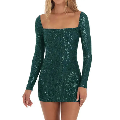 Sequin Long Sleeve Mini Dress Green S