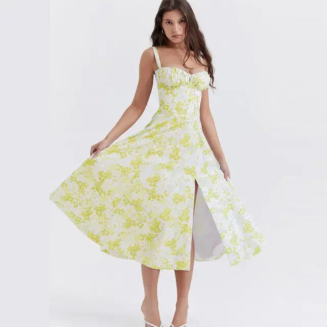 Summer Floral A-line Dress Yellow White XL