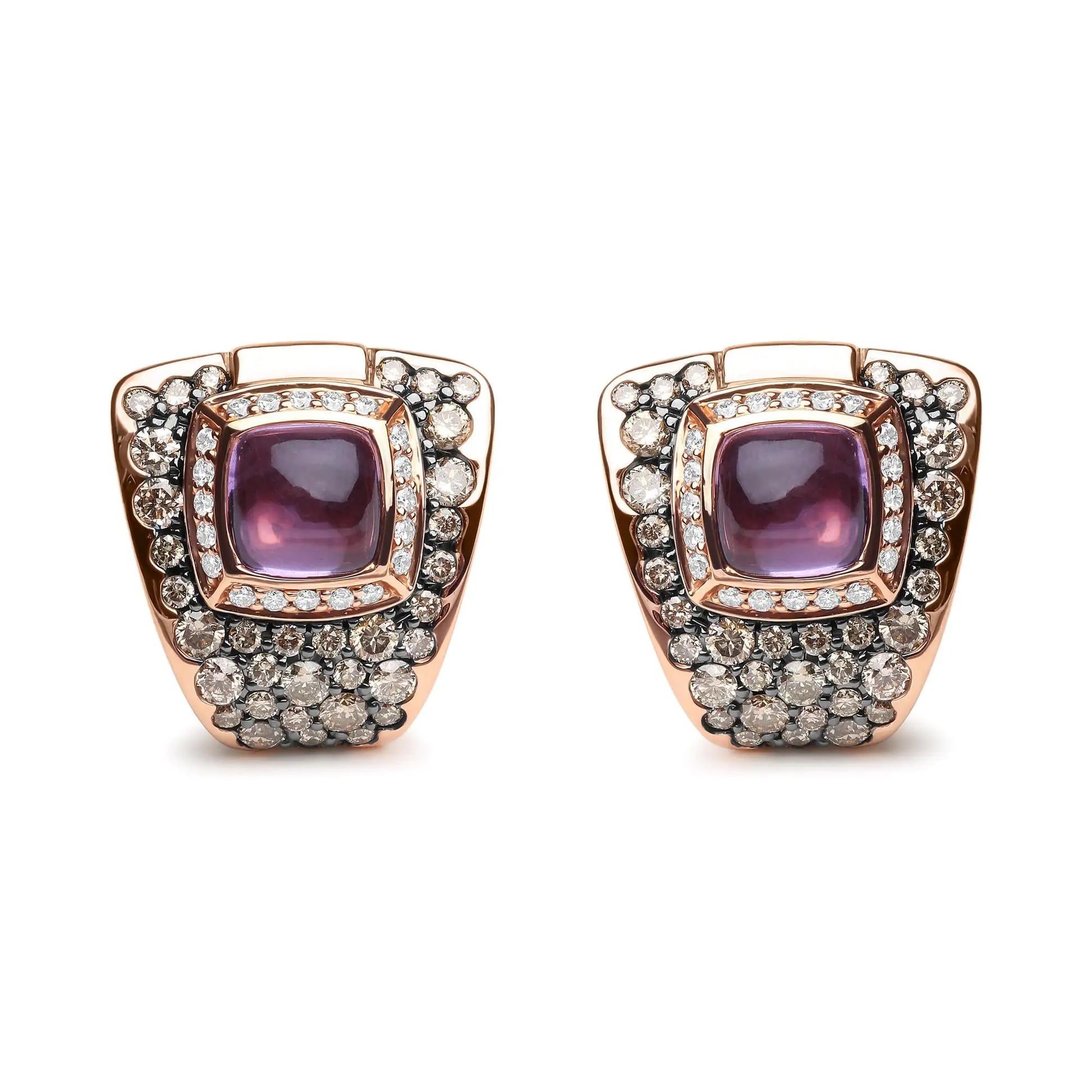 18K Rose Gold 1 1/2 Cttw Round Diamond and 7mm Cushion Cut Purple Amethyst Gemstone Geometrical Statement Stud Earrings (Brown and G-H Color, SI1-SI2 Clarity)