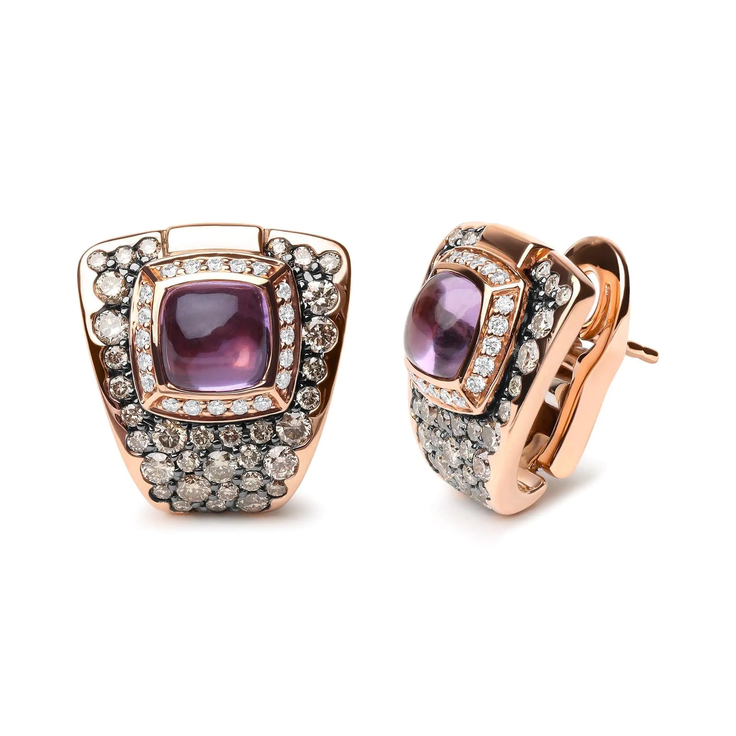 18K Rose Gold 1 1/2 Cttw Round Diamond and 7mm Cushion Cut Purple Amethyst Gemstone Geometrical Statement Stud Earrings (Brown and G-H Color, SI1-SI2 Clarity)