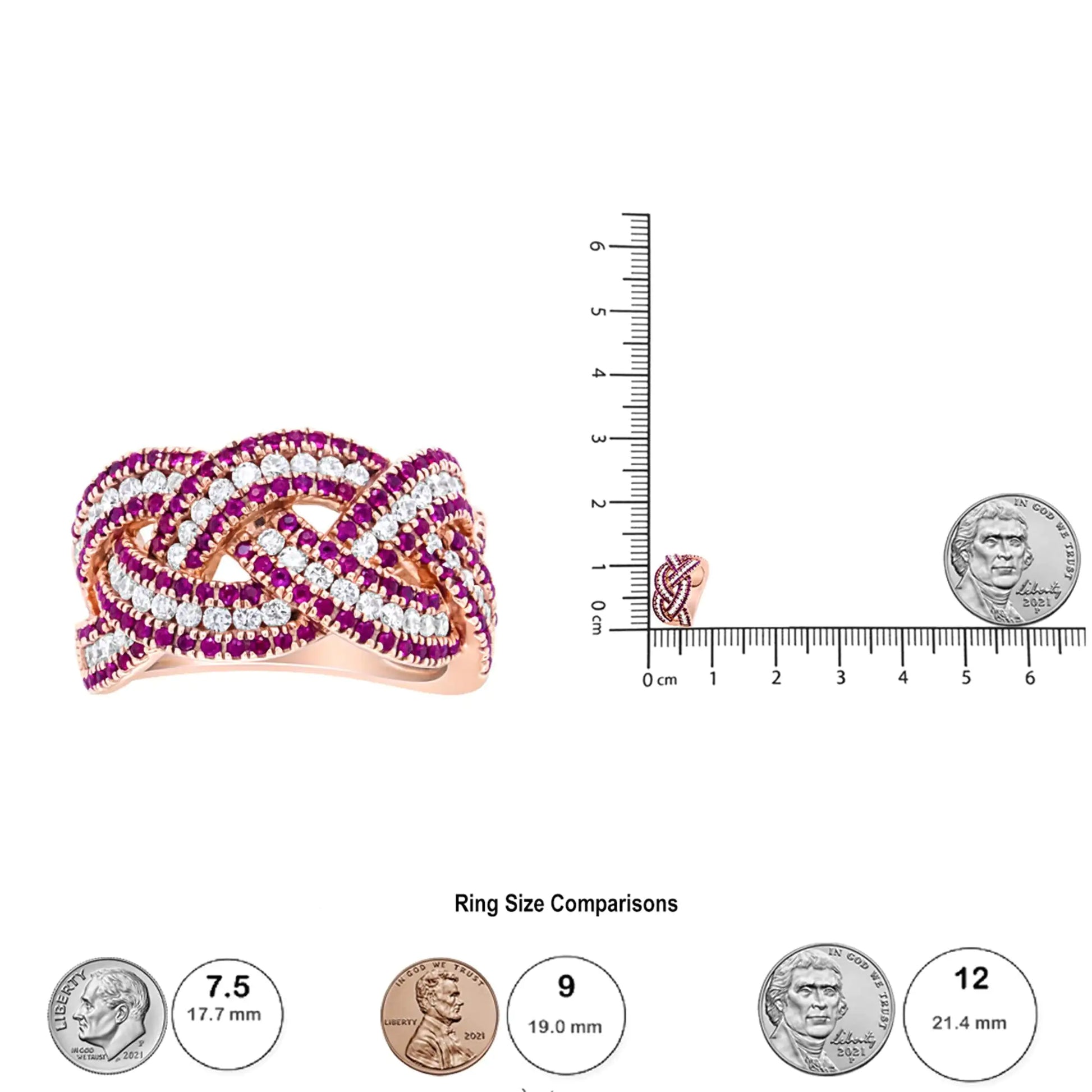 18K Rose Gold Red Ruby and 7/8 Cttw Diamond Woven Braided Band Ring (F-G Color, VS1-VS2 Clarity)