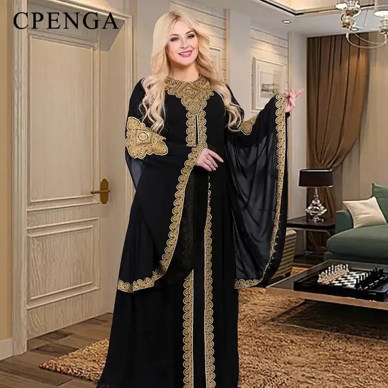 Gold Floral Abaya Set Black L