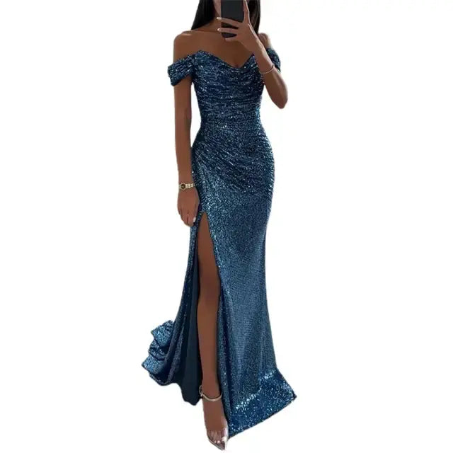 Sequined Elegant Dress Blue XL