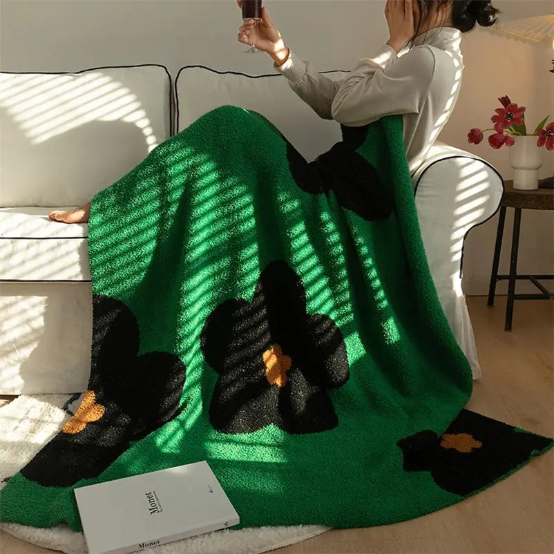 Korean Sunflower Velvet Knitted Blanket Green