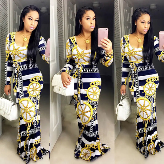 S3086-0 Striped Dress - Digital Print Long Sleeve Dress