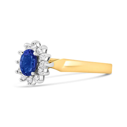 14K Yellow Gold 1/5 Cttw Round Diamond and 6x4mm Oval Blue Tanzanite Halo Ring (H-I Color, I1-I2 Clarity)