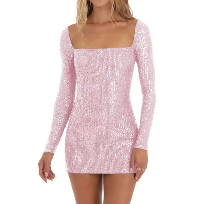 Sequin Long Sleeve Mini Dress Pink M