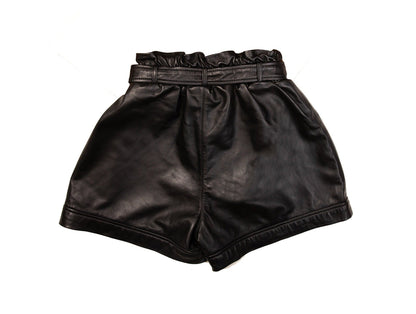 Fadcloset Women's Fashion Paperbag-Waist Black Leather Mini Shorts