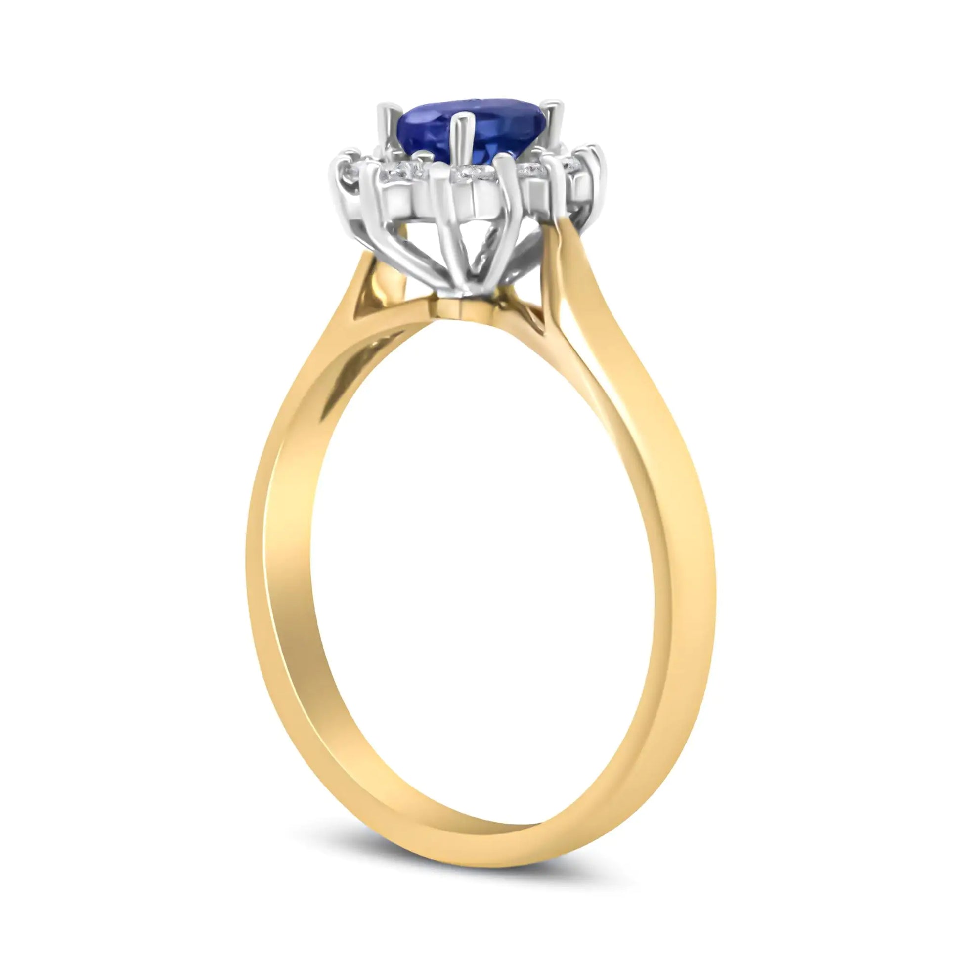14K Yellow Gold 1/5 Cttw Round Diamond and 6x4mm Oval Blue Tanzanite Halo Ring (H-I Color, I1-I2 Clarity)