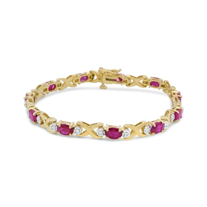 14K Yellow Gold 1/4 Cttw Diamond and Oval Red Ruby Alternating X Link Bracelet (I-J Color, I3 Clarity)