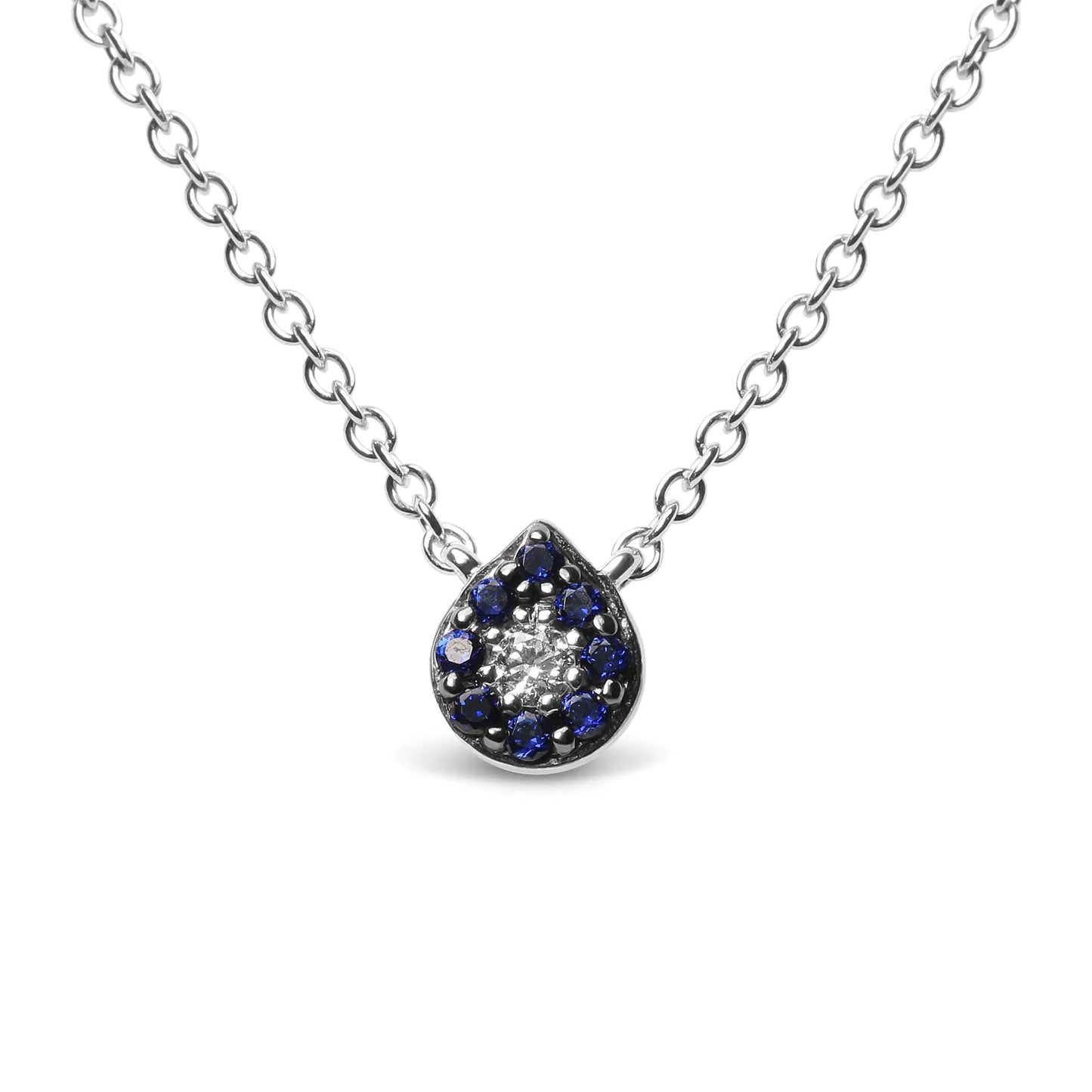 18K White Gold Diamond Accent and 1mm Round Blue Sapphire Gemstone Halo Teardrop Pendant Necklace (G-H Color, SI1-SI2 Clarity) - Adjustable up to 15.5" - 17"