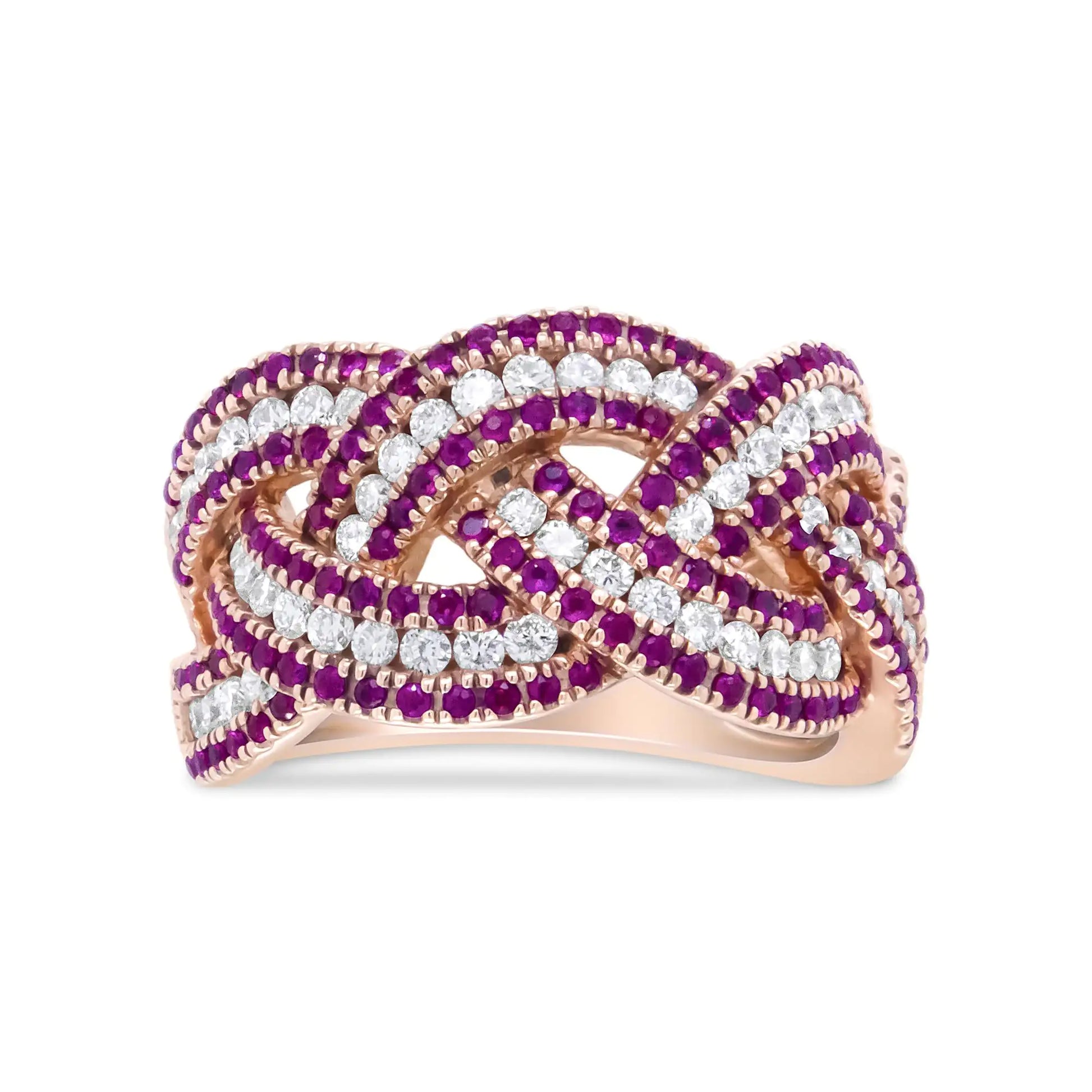 18K Rose Gold Red Ruby and 7/8 Cttw Diamond Woven Braided Band Ring (F-G Color, VS1-VS2 Clarity)