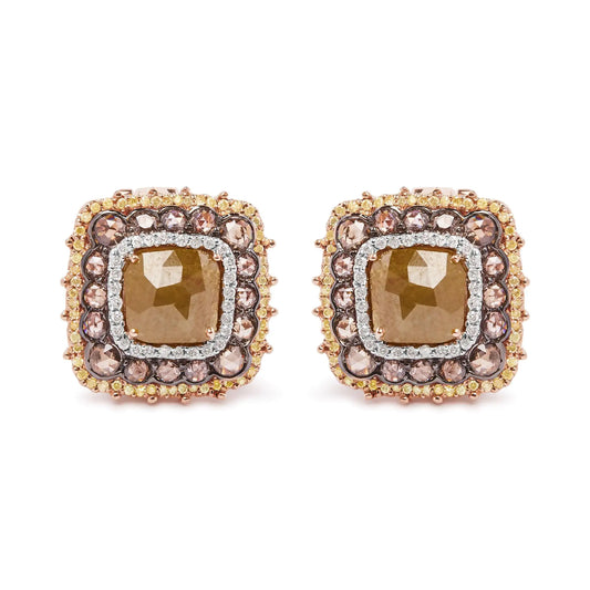 14K Rose Gold 6.00 Cttw Fancy Diamond Cushion Shaped Triple Halo Stud Earrings (Fancy Color, I2-I3 Clarity)