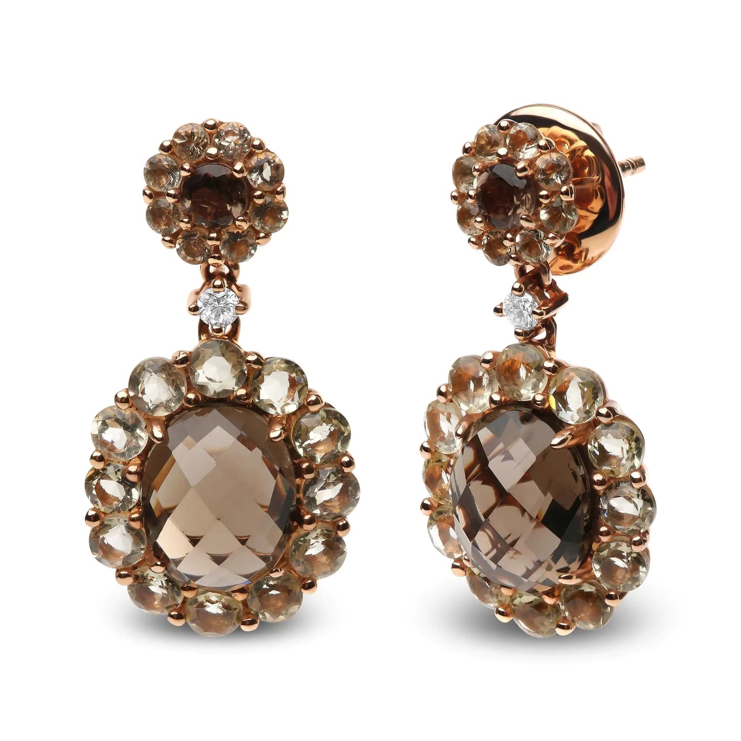 18K Rose Gold Diamond Accent and Lemon and Oval Smoky Color Quartz Gemstone Dangle Drop Earring (G-H Color, SI1-SI2 Clarity)