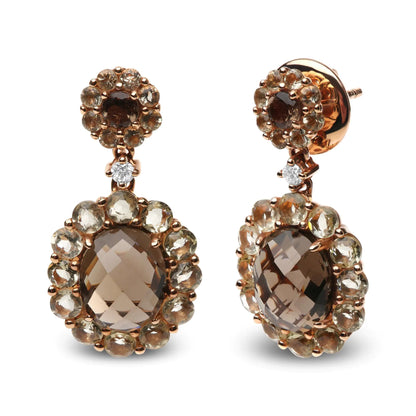 18K Rose Gold Diamond Accent and Lemon and Oval Smoky Color Quartz Gemstone Dangle Drop Earring (G-H Color, SI1-SI2 Clarity)