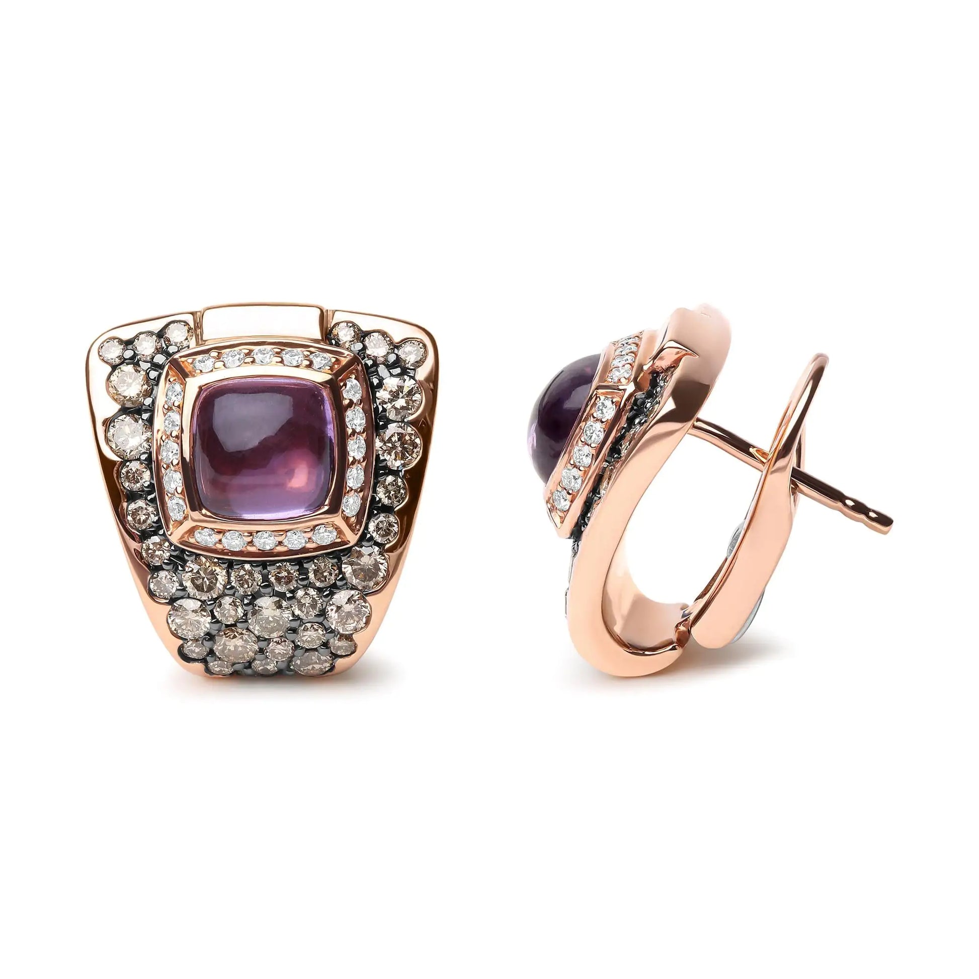 18K Rose Gold 1 1/2 Cttw Round Diamond and 7mm Cushion Cut Purple Amethyst Gemstone Geometrical Statement Stud Earrings (Brown and G-H Color, SI1-SI2 Clarity)